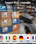 All-In-One Wireless Handheld Barcode Scanner With 2200mAh Lithium-Polymer Battery Bluetooth 2.4G Cordless USB Wired 1D 2D QR Code Reader For Retail Inventory Management Model D5300 scanning boxes in a warehouse.