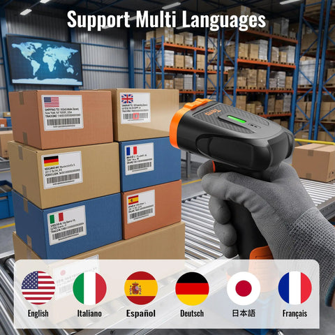 All-In-One Wireless Handheld Barcode Scanner With 2200mAh Lithium-Polymer Battery Bluetooth 2.4G Cordless USB Wired 1D 2D QR Code Reader For Retail Inventory Management Model D5300 scanning boxes in a warehouse.