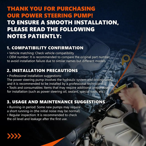 Instructions for installing Power Steering Pump Fits 2008 2017 Enclave 2009 2017 Traverse Acadia 6 Cyl 3 6L Saturn Outlook 2007 2010 6 Cyl 3 6L Replacement OE 20954812 96 2403 Direct Fit Replacement For Smooth Steering And Easy Install.