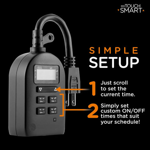Indoor And Outdoor Plug In Digital Timer with easy setup instructions for daily on and off times, weather-resistant design