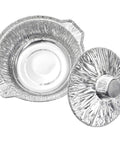 Disposable Aluminum Pots With Lids 10 Pack 2 Liter Round Foil Pan Food Containers For Camping Picnics Travel Heating And Cooking Easy Cleanup Great For On The Go Meals showing one open pot and lid.