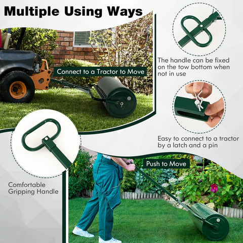 Heavy Duty Lawn Roller Drum For Push Or Tow Behind Tractor, Rust Resistant Powder Coated Metal Frame in use