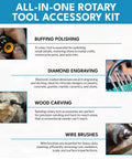 Buffing, engraving, carving, and wire brushes in 500 Piece Rotary Tool Accessories Kit With Cantilever Organizer Case For DIY Projects.