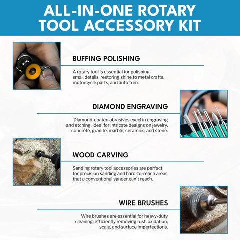 Buffing, engraving, carving, and wire brushes in 500 Piece Rotary Tool Accessories Kit With Cantilever Organizer Case For DIY Projects.