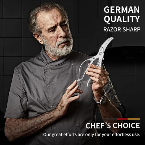 Heavy Duty Poultry Shears Kitchen Scissors with Non Slip Handle and Safety Lock held by a chef, showcasing razor-sharp design