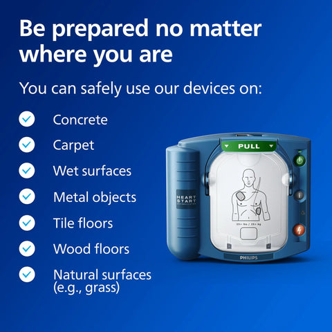 HeartStart Philips OnSite AED defibrillator with slim carry case, front view