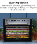 Premium Heavy Duty Digital Food Dehydrator Featuring Stainless Steel Rack Trays And Whisper Quiet Airflow System For Rapid Jerky Fruit Vegetable Nut Drying Hella Smooth Kitchen Essential That Truly Slaps with fruits drying inside.