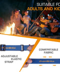 Two Pack Rechargeable Headlamp Set With White Red Green Lights Memory Mode And Five Modes 120 Degree Adjustable Beam Built For Camping Running Hiking And Nighttime Tasks Great For Adults And Kids Blue shown at campfire