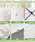 Image showing examples of repairs using a Multi Surface Bathtub Repair Kit White For Tubs, Showers, Tiles, Sinks And Countertops.