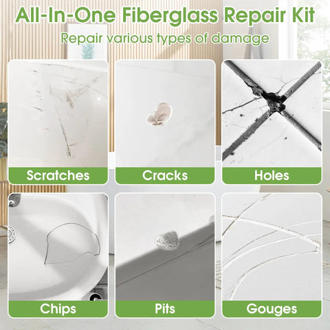 Image showing examples of repairs using a Multi Surface Bathtub Repair Kit White For Tubs, Showers, Tiles, Sinks And Countertops.