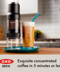 Rapid Brew Portable Coffee Maker For On The Go, Quick And Concentrated Coffee In Five Minutes Or Less, shown with iced coffee