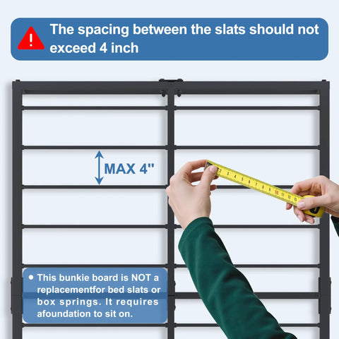 Heavy Duty Queen Bunkie Board Featuring Top Notch High Density Polymer Support showing slat spacing measurement with tape.