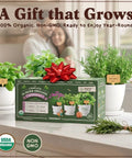 Indoor Outdoor Herb Garden Starter Kit With 10 Planter Pots Trays Coco Coir Discs 10 Plant Markers And 10 Premium Herb Seeds Non GMO USDA Certified Easy Grow Kit For Beginners A Cool Gift For Gardeners And Plant Lovers in packaging with herbs on table