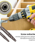 Close-up of 25 Piece Screw And Bolt Extractor Set With Left Hand Drill Bit Included For Removing Damaged Stripped Bolts Screws Nuts Studs And Fittings Pro Grade Multi Spline Easy Out Tools Built From High Hardness Chromium Molybdenum Steel For Maximum Grip in use with drill removing a screw