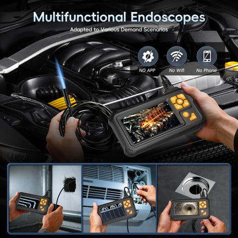 Hardcore 50Ft Endoscope Camera With Light, 1080P Borescope used in car engine inspection, showing engine image on screen.