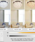 Dope Remote Dimmable 19.7 Inch 5 Tier K9 Crystal LED Ceiling Light Flush Mount Chrome Finish With 3 Color Temperatures Memory Function Ideal For Living Room Bedroom Dining Room showing color temperature options.
