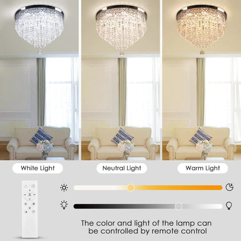 Dope Remote Dimmable 19.7 Inch 5 Tier K9 Crystal LED Ceiling Light Flush Mount Chrome Finish With 3 Color Temperatures Memory Function Ideal For Living Room Bedroom Dining Room showing color temperature options.
