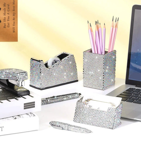 Blinged Out Desk Accessories Set Seven Piece Office Glam Kit with diamond tape dispenser and rhinestone stapler on desk