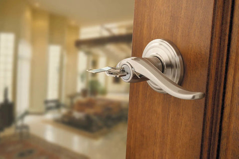 Entry Door Handle With Lock And Key For Front Door And Bedroom Reversible Exterior Lever In Venetian Bronze Pick Resistant SmartKey Rekey Security With Microban Protection Secure Keyed Entry on wooden door