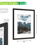 Two Pack Black Wooden Picture Frames For 16x20 To 11x14 Mat Opening 10.5x13.5 With Tempered Glass And Modern Matte Finish, showcasing size details and classic design in the image.