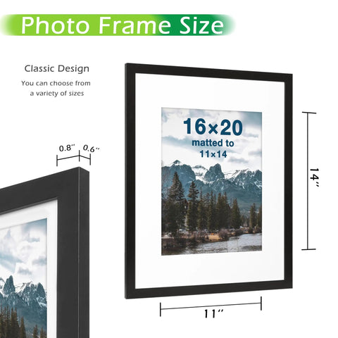 Two Pack Black Wooden Picture Frames For 16x20 To 11x14 Mat Opening 10.5x13.5 With Tempered Glass And Modern Matte Finish, showcasing size details and classic design in the image.