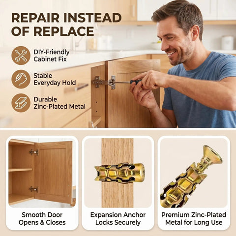 Man using 6x14mm Expansion Screw Set for Cabinet and Door Hinges Quick Hole Repair Kit With Expansion Anchors on cabinet.