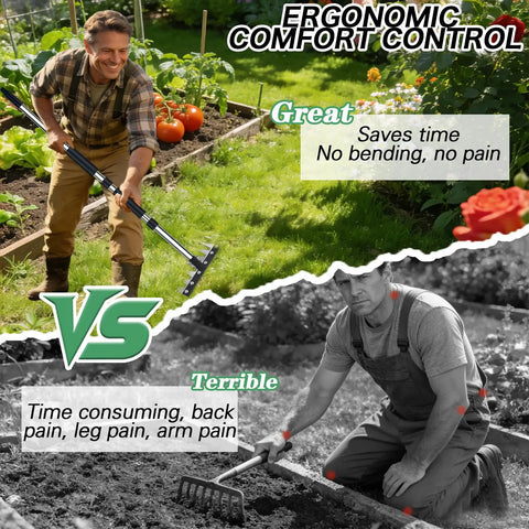 Comparison of using the Upgraded 8 Tines Stainless Steel Weeding Tool with Adjustable Length Handle in a garden versus manual weeding