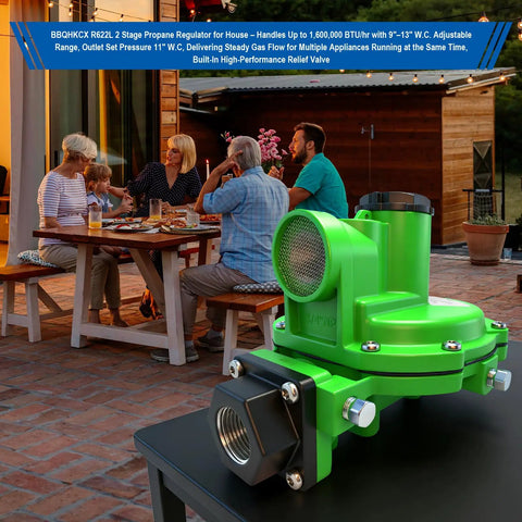 Make Sure Your LP Setup Runs Dead Nuts With This Heavy Hitter 2nd Stage Propane Regulator Featuring Adjustable 9 To 13 WC Pressure And 3 4 Inch NPT Ports For Smooth 1.6 Million BTU Hour Output And Slick Residential Performance, green regulator with 3/4 inch NPT ports.