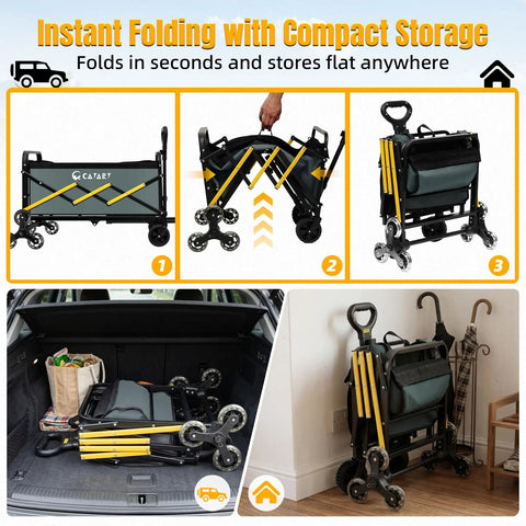 Foldable Stair Climbing Cart With Triangular Wheels for Groceries and Laundry, shown folding and stored compactly in a car.