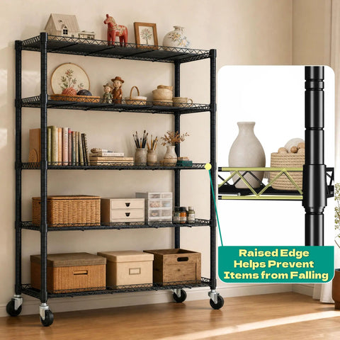 Heavy Duty Wire Shelving Unit With Wheels And 600D Oxford Cover, 36-Inch By 18-Inch By 72-Inch, Upward Facing Safety Wave Edge Design, Sturdy 19mm Metal Rods And Reinforced Panels For Stable Garage Storage, black rolling shelf with raised edge