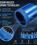 Premium 10 Piece Vacuum Brazed Diamond Hole Saw Kit For Rapid Drilling On Porcelain Tile Ceramic And Granite With Minimal Chipping And Super Smooth Edges For Amazing Home Renovation Projects. Blue serrated diamond hole saw close-up