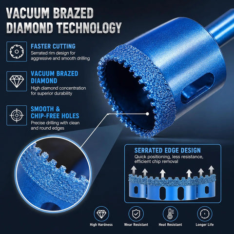 Premium 10 Piece Vacuum Brazed Diamond Hole Saw Kit For Rapid Drilling On Porcelain Tile Ceramic And Granite With Minimal Chipping And Super Smooth Edges For Amazing Home Renovation Projects. Blue serrated diamond hole saw close-up