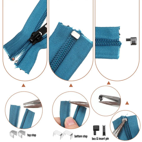 Close-up of 48 Piece Zipper Repair Kit With Metal Sliders And Pulls For Jackets Backpacks Tents And Luggage Easy Zipper Fix