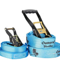 Blue ratchet and slackline ropes from Beginner Slackline Kit With 50 Foot Main Line And Training Line, Tree Protector, Ratchet Covers, Carry Bag, And Instruction Guide, Perfect For Kids And Adults, Easy Setup And Safe Backyard Balance Practice.