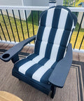Adirondack Chair Cushions Set Of 2 50x19.6 Inch Cushions For Outdoor Patio Rocking Chairs Black White Stripe Comfy Polyester Fill Fade Resistant Water Repellent installed on a black Adirondack chair on a patio.