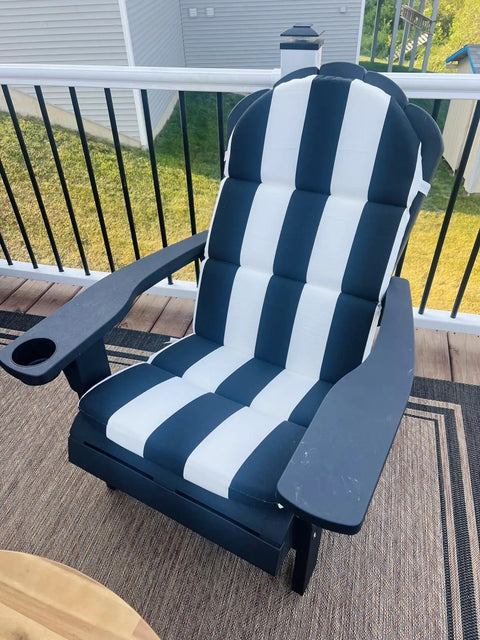 Adirondack Chair Cushions Set Of 2 50x19.6 Inch Cushions For Outdoor Patio Rocking Chairs Black White Stripe Comfy Polyester Fill Fade Resistant Water Repellent installed on a black Adirondack chair on a patio.