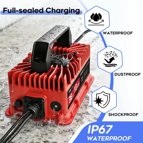 18 Amp 36 Volt Golf Cart Battery Charger For EZGO TXT D Style Plug showing waterproof, dustproof, shockproof features