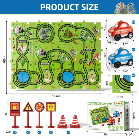 56 Piece Jigsaw Race Track Car Set For Toddlers And Kids Ages 2 3 4 5 6 Colorful City Theme Puzzle Tracks With Cars And Traffic Signs