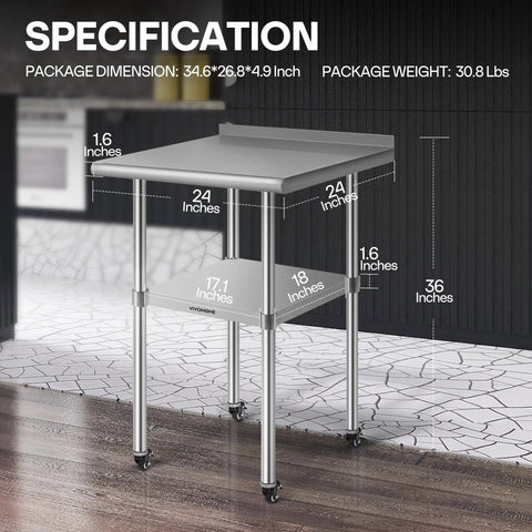 Stainless Steel 24x24 Inch Work Table with Backsplash and Wheels Durable Prep Station for Restaurant Hotel Home and Warehouse Use with Locking Wheels and Stabilizing Feet.
