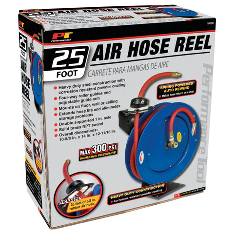 Auto Retractable Air Hose Reel With 25-Foot Hose, 3/8-Inch NPT, 300 PSI, heavy gauge steel, shown in packaging box