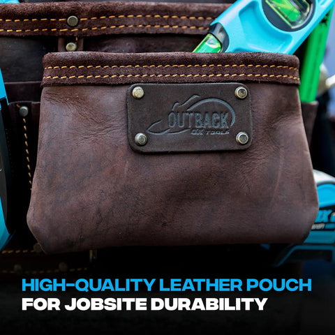 Close-up of oil tanned leather tool pouch showing double stitching and metal label, compatible with 3 inch belt for carpenters.