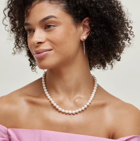 Go-To Japanese Akoya Pearl Necklace For Women With 8.0-8.5mm White Cultured Pearls, 18 Inch Princess Length, AAA Grade, 14K White Gold Clasp