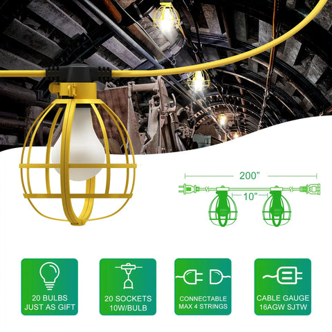 200 Foot Construction String Lights With 20 Bulbs And 20 Medium Base Sockets, 200W Work Lights Deliver 21000 Lumens, tunnel view