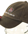 Ultra Compact EDC LED Flashlight With 45 Lumens And 420 Candela attached to a brown hat, showcasing hands-free feature