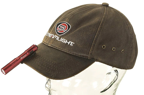 Ultra Compact EDC LED Flashlight With 45 Lumens And 420 Candela attached to a brown hat, showcasing hands-free feature