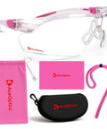 Pink clear safety glasses for women with anti fog and scratch resistant lenses ANSI Z87 shield, includes pouch and accessories.