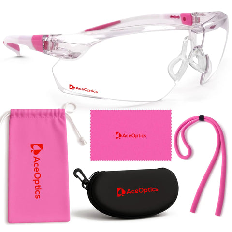 Pink clear safety glasses for women with anti fog and scratch resistant lenses ANSI Z87 shield, includes pouch and accessories.