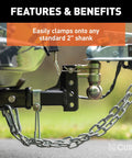Heavy Duty Steel Trailer Safety Chain Holder Bracket For Two Inch Hitch Shank Bolt On Mount attached to a 2-inch shank with chains.