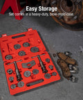 Brake caliper tool set in red blow-mold case; 18-piece wind-back kit with spreaders and magnetic thrust bolts