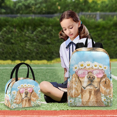 Dog Daisy Sunglass Themed Backpack With Insulated Cooler Lunch Box in scratch-resistant nylon with girl on grass field
